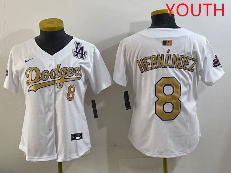 Youth Los Angeles Dodgers #8 Hernandez White Gold Game Nike 2025 MLB Jersey style 4294